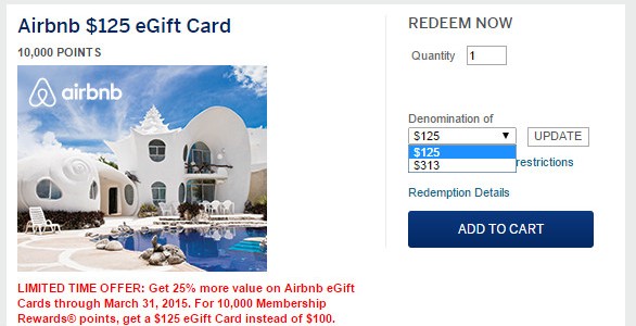 Airbnb eGift Cards. Bonus 25% for AMEX Membership Rewards